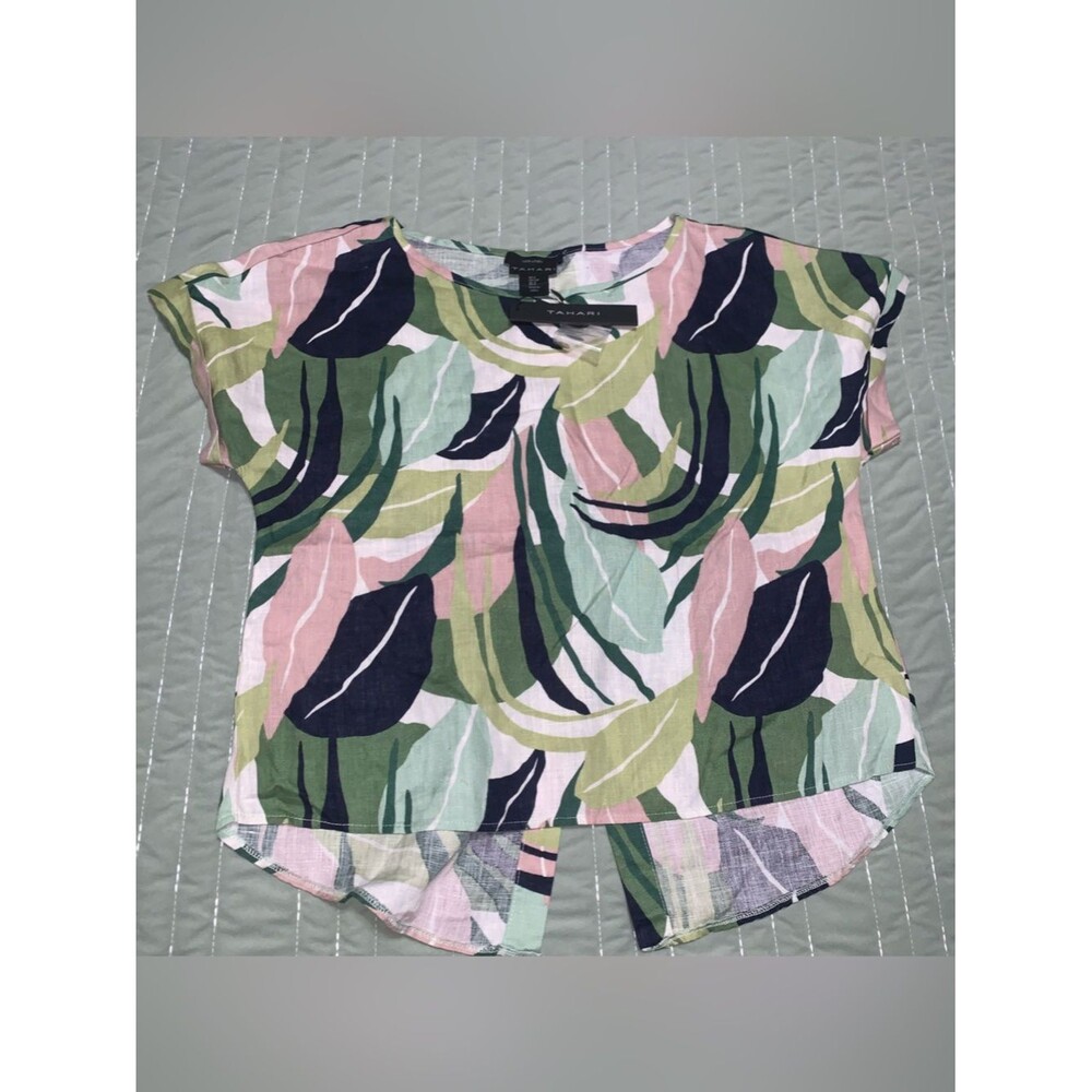 100% Linen Tahari Pink, Green & Navy Leaf-Print Short Sleeve Top